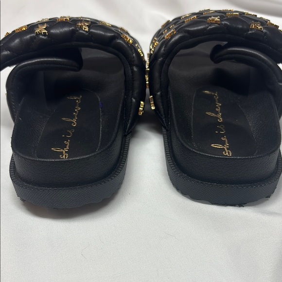 Black Slide Sandals with Gold Accents - Picture 4 of 7